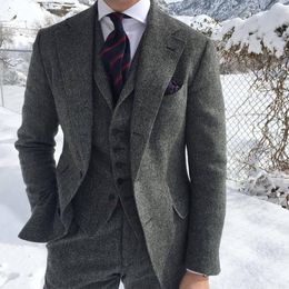 Costumes pour hommes Blazers gris laine Tweed hiver hommes costume pour mariage formel marié smoking chevrons mâle mode 3 pièces veste gilet pantalon cravate 230909