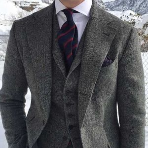 Herenpakken blazers grijs wol tweed winter mannen pakken voor bruiloft formele bruidegom smoking tuxedo visgraat mannelijke mode 3 -delige pak (jas + vest + broek)