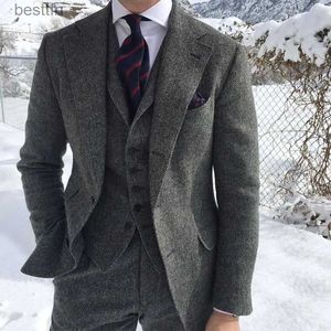 Herenpakken Blazers Gray Wool Tweed Winter Men Suit's voor bruiloft Formele bruidegom Tuxedo Herringband Mode 3 -delige (jas +Vest +Pants +Tie) L231130