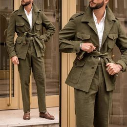 Costumes pour hommes Blazers manteau de chasse en laine verte avec ceinture veste Vintage pantalon tenue décontracté costume deux pièces ensemble 230915