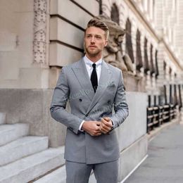 Herenpakken Blazers Gray Double Breasted Mens Pak 2022 Slim Fit Formele Business 2 stuks Trajes de Hombre Jacket Pants Tie Q240507