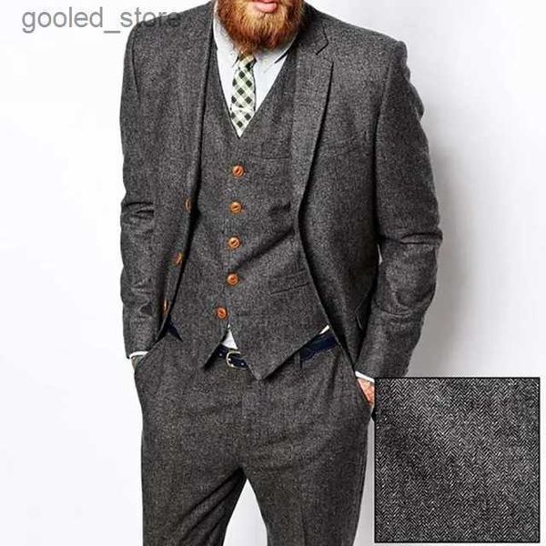 Trajes para hombres Blazers Gris Herringbone Tweed Traje para hombres Vintage Otoño Invierno Novio Esmoquin Ternos Trajes de boda formales para hombres Traje clásico de 3 piezas para hombres Q231025