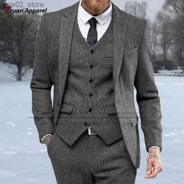 Trajes para hombres Blazers Trajes de tweed grises para hombres Slim Fit Formal Espiga Novio Vintage Boda Esmoquin Chaqueta de negocios informal Chaleco Pantalones Conjunto de 3 piezas Q230103