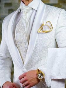 Herenpakken blazers groemen wit patroon bruidegom Tuxedos sjaals satijn revers 2-delige bruidskamer (jas+broek+gelijkspel) d201 Q240507