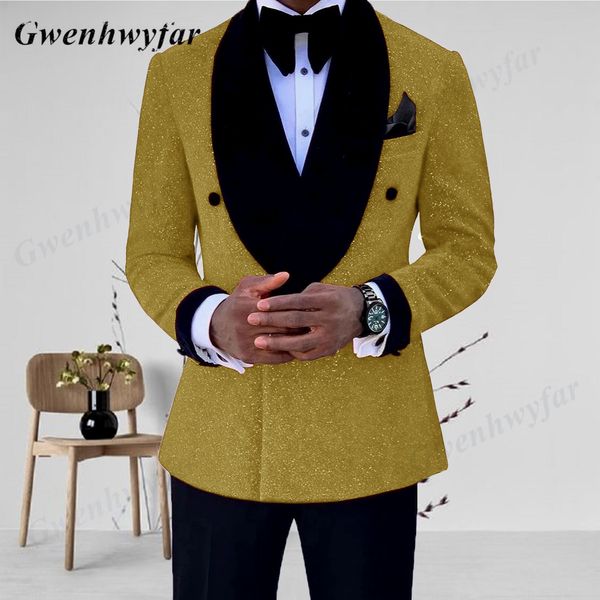 Costumes pour hommes Blazers Gwenhwyfar Or / Bleu Royal / Noir Glitter Mariage Tuxedo Slim Fit Grooms Costumes Pour Hommes Veste À Double Boutonnage Avec Pantalon 2 Pièces 230505