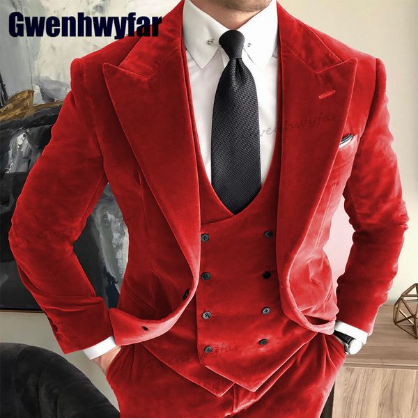Costumes pour hommes Blazers Gwenhwyfar luxe rouge velours fumer hommes costume vestes ensemble revers formel Tuxedos 3 pièces fête de mariage bal Blazer ensembles 230828