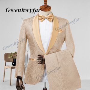 Herenpakken Blazers Gwenhwyfar Heren Bruiloft Italiaans Design Op maat gemaakt Champagne Roken Tuxedo Jacket 2-delig Bruidegom Terno voor mannen 230506