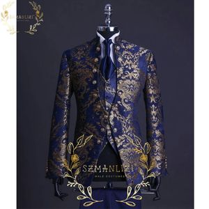 Costumes pour hommes Blazers beau bleu or Floral jante scène hommes Costume ensemble col montant hommes mariage formel marié smoking Costume veste pantalon gilet 230506