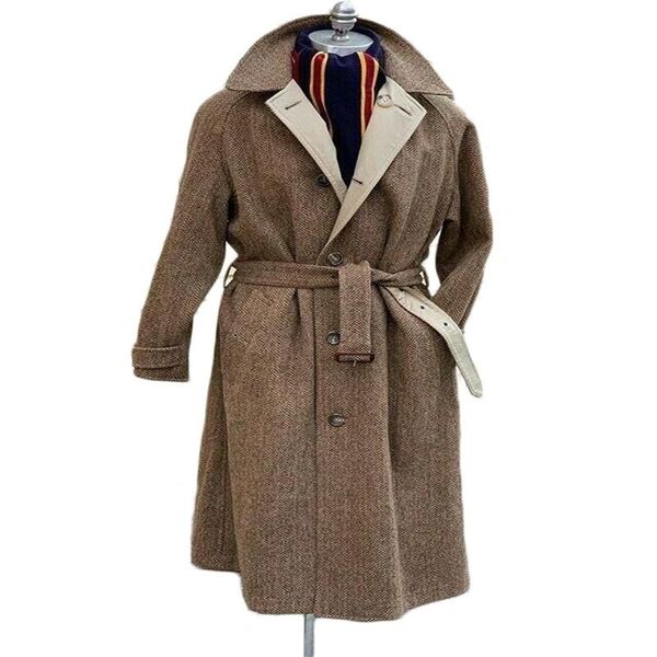 Costumes pour hommes Blazers Herringbone Brown Hommes avec ceinture laine épaisse mode sur mesure long manteau revers veste d'affaires de haute qualité
