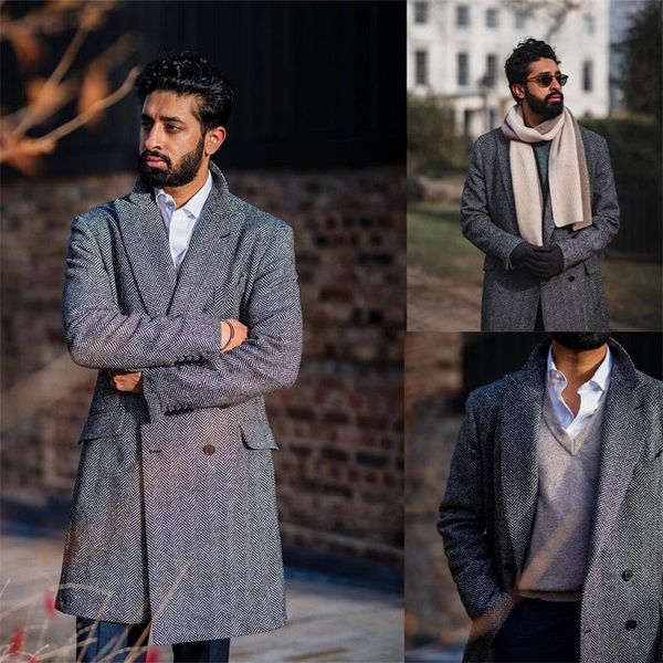 Costumes pour hommes Blazers Chevrons Gris Hommes Pardessus Épais Chaud Plus La Taille À Double Boutonnage Long Manteau Casual Formelle AffairesCustom Made Male Ja