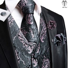 Herenpakken blazers hi-tie hoogwaardige zijden heren vesten roze grijze bloemen inlaas tie hanky manchetknopen broche set voor mannen pak trouwkantoor cadeau 230322