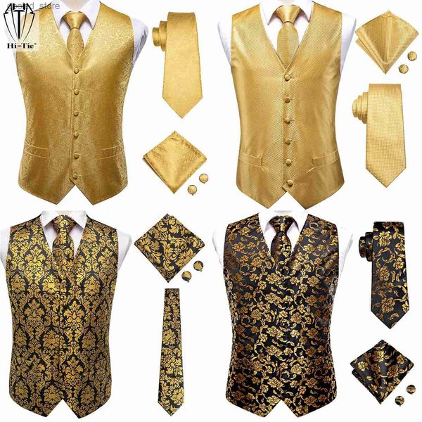 Costumes pour hommes Blazers Hi-Tie Luxe Soie Hommes Gilets Or Jaune Orange Gilet Veste Cravate Mouchoir Boutons De Manchette Pour Hommes Robe Costume De Mariage D'affaires Q231025