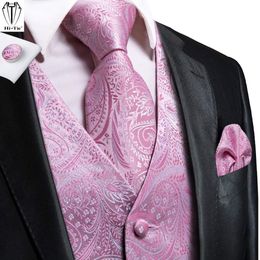 Herenkostuums Blazers Hi Tie Silk Mens Suit Vesten Roze Paisley 4PC Geweven Vest Stropdas Plein Manchetknopen Set Zakelijke Trouwjurk Taille Jas 230609