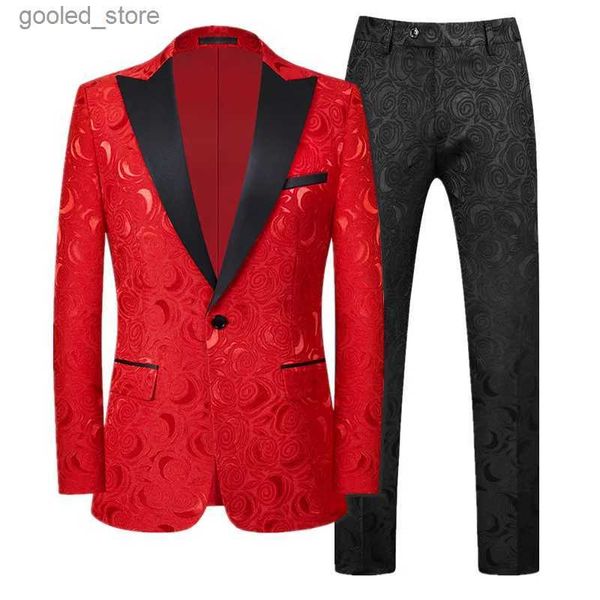 Trajes para hombres Blazers Traje jacquard de caballero de gama alta Ropa para hombres Rojo Negro Blanco Moda de lujo Vestido de fiesta de bodas para hombres Slim Fit Blazer y pantalones Q231025