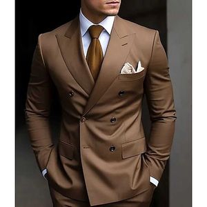 Costumes pour hommes Blazers Brown Mens de haute qualité Double coffre Collier en cuir personnalisé Veste formelle Slim Fit Two-Deux Set Q240507