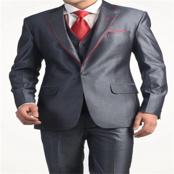 Trajes para hombre Blazers Traje gris oscuro brillante personalizado de alta calidad Solapa con muesca Novio de boda Esmoquin 3 piezas (Chaqueta + Pantalones Chaleco Corbata)