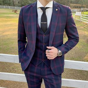 Trajes para hombres Blazers Hombres de alta calidad A cuadros de un solo pecho Traje de boda informal Abrigo Pantalones Chaqueta de negocios Chaleco Pantalones Piezas Se {categoría}