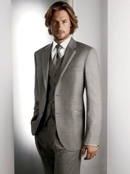 Trajes para hombres Blazers Venta caliente Gris claro Hombres Trabajo Negocios 3 piezas Muesca Solapa Novio Esmoquin (chaqueta + pantalones + chaleco + corbata) W1168