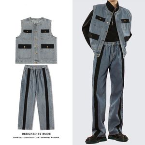 Costumes pour hommes Blazers Houzhou hommes marchandises denim 2 pièces ensemble hommes patch manteau jean pantalon + gilet sans manches décontracté coréen rue mode hip hop