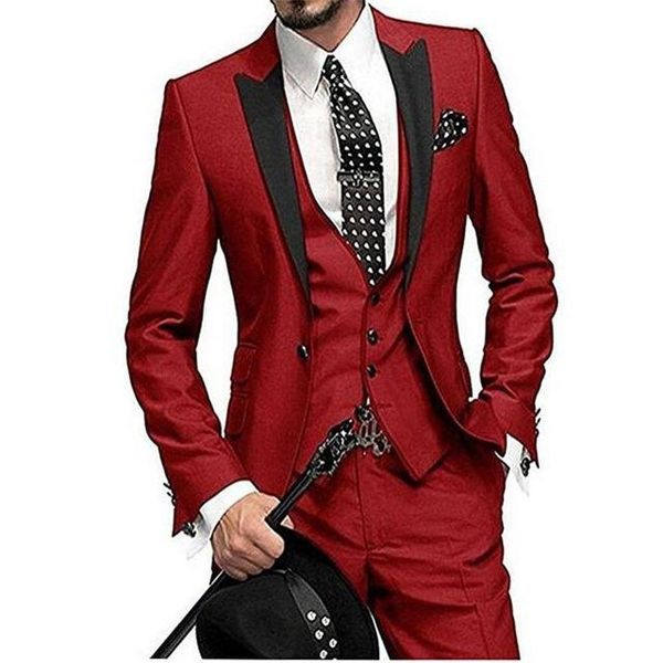 Trajes para hombres Blazers Estilo italiano Esmoquin colorido Novio Baile de graduación Vestido rojo vino Boda Elegante Traje delgado Conjunto de 3 piezas (chaqueta + pantalón + chaleco)