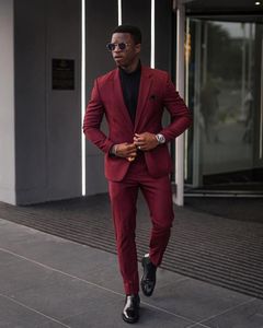 Herenpakken Blazers (Jas + Broek) Herfst Streetwear Wijn Red One Button Slim Fit Tuxedo Wedding Man Suit 2 Stuk Formele Blazer Custom Mad