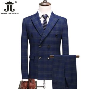 Trajes para hombres Blazers Chaqueta Chaleco Pantalones S 5XL Traje a cuadros retro marrón Primavera y otoño Estilo británico Vestido de novia para novio para hombre Clásico 3 piezas 231122