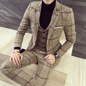 Herenpakken Blazers JacketsVestPants Men Plaid Business Blazers/Male Slim Fit Pure Cotton Three-Piece Suit/Man Bruidegom Dress M-5XL 221111