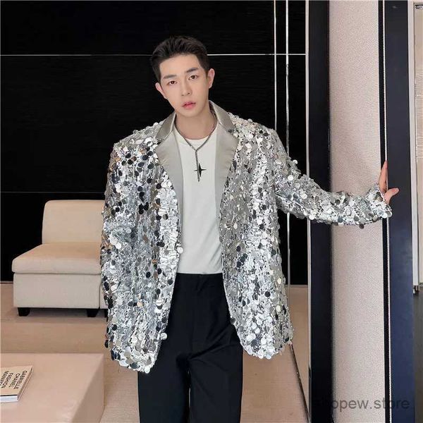 Trajes para hombres Blazers Blazer de lentejuelas para hombre coreano Brillos Chaquetas de traje ostentosas Cantante Escenario Ropa brillante Negro Plata Traje de fiesta de gran tamaño Abrigo Hombre