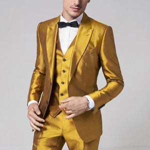 Herenpakken Blazers Nieuwste Golden Satin Men Suits Slim Fit Prom Party Stage Bruidegom bruiloft Tuxedo Ternos Male pak 3 stuks Blazervestpants 230503