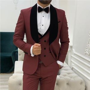 Costumes pour hommes Blazers dernier vin rouge hommes Tailcoat smoking noir Trajes De Hombre gilet Slim Fit homme marié costume Blazer pantalon 3 pièces