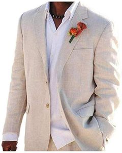 Costumes pour hommes Blazers Light Beige Linge Hommes pour Beach Mariage Prom Porter 2 pièces Ensemble Veste Pantalon sur mesure Costume Groom Tuxedos Mode 2021