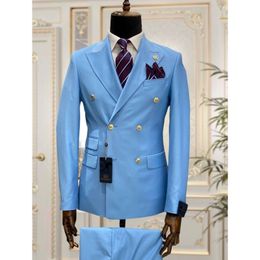 Costumes pour hommes Blazers Bleu clair Double boutonnage Hommes Slim Fit Mariage Tuxedos Deux Pièces Homme Marié Business Party Prom Costume BlazerPants 230915