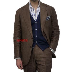 Costumes pour hommes Blazers Costume en lin 2 pièces Slim Fit simple boutonnage marron café Blazer ensembles Gentleman veste avec pantalon mâle vêtements grande taille 230909