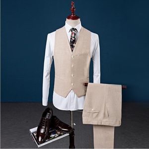 Trajes de hombre Blazers Lino esmoquin Slim Fit moda ocio vestido de boda hombre de negocios novio traje de tres piezas Mariage Terno