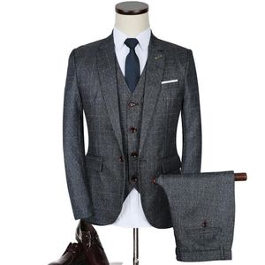 Costumes masculins Blazers Loldeal Grey Plaid 3 PCS SUITS MEN SLIM FIT LEISure 2021 Arrivée Terno Masculino plus taille de mariée