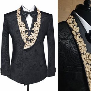 Trajes de hombre Blazers lujo negro Jacquard oro encaje aplique chal solapa boda para hombres graduación esmoquin Ropa hombre 230630