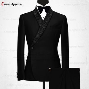 Trajes de hombre Blazers Lujo Formal Negro Boda Hombres Traje Conjunto Slim Fit Padrinos de boda Novio Esmoquin Blanco Diseños Brillante Mantón de solapa Blazer Pantalones 2 piezas 230630