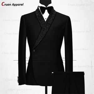 Costumes pour hommes Blazers de luxe formel noir mariage hommes costume ensemble Slim Fit garçons d'honneur marié smoking blanc conceptions brillant châle revers Blazer pantalon 2 pièces 220909