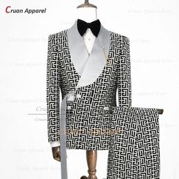 Costumes pour hommes Blazers Costume de luxe pour hommes Slim Fit Designs de mode Motif à carreaux Impression Tuxedos pour la fête de mariage personnalisée Veste Pantalon 2 pièces Ensemble 231121