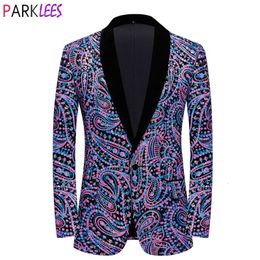 Costumes pour hommes Blazers Luxe Paisley Floral coloré paillettes velours costume veste hommes col châle un bouton robe Blazers fête de mariage dîner smoking 231018