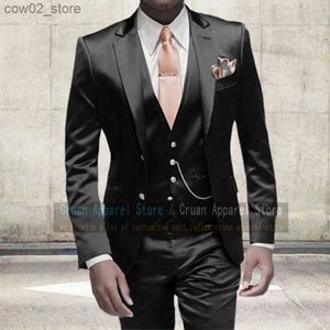 Herenpakken Blazers Luxe Glanzend Zwarte Pakken voor Mannen Slim Fit Prom Party Bruiloft Bruidsjonkers Bruidegom Pak Tuxedo 3-delig Mode Gouden Blazer Vest Broekset Q230103