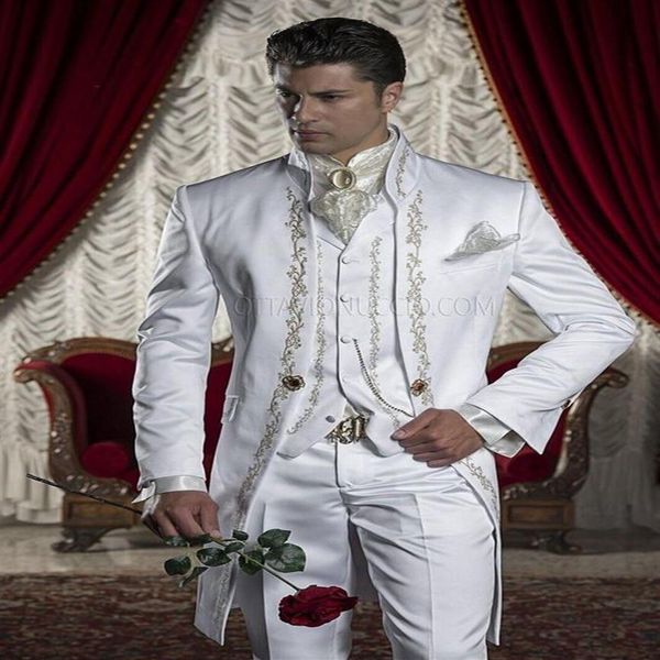 Costumes pour hommes Blazers faits blanc broderie marié Tuxedos col montant garçons d'honneur Blazer homme costumes de mariage veste pantalon gilet T2321