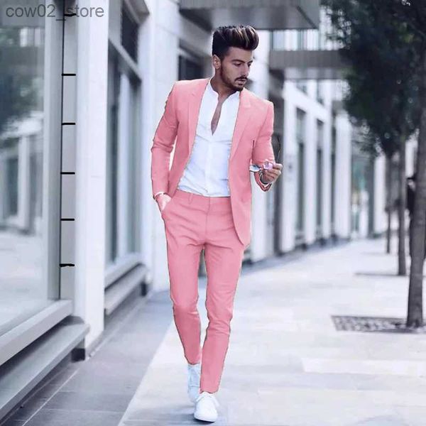 Costumes pour hommes Blazers homme décontracté mode luxueux costume pour hommes d'affaires pour la fête de mariage Tuxedos Slim Fit pic revers rose costumes mâle (veste + pantalon) Q230103