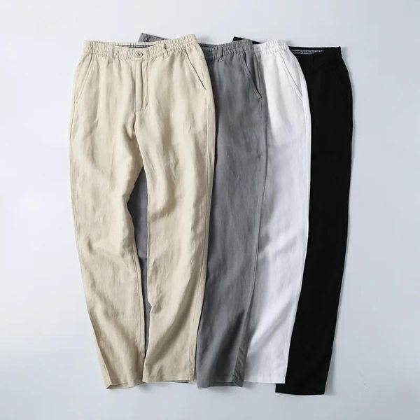 Trajes para hombre, Blazers, pantalones para hombre, pantalones de lino blanco, negro, Beige, pantalones transpirables de verano, cordón de cintura elástico informal para hombre