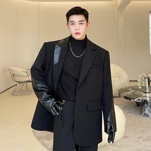 Trajes de hombre Blazers Hombre Vintage Streetwear Blazer Coat Hombres Fashion Show Coreano Empalme de cuero Oversize Loose Casual Finger Sleeve Suit Jac