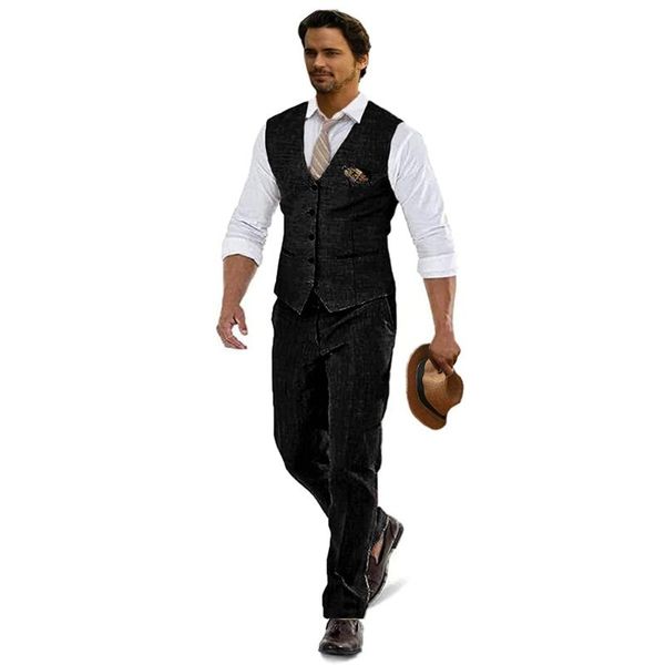 Trajes para hombres Blazers Boda de lino casual para hombres Boda de 2 piezas Groomsmen Tuxedos Summer Beach Vest and Pants Setmen's