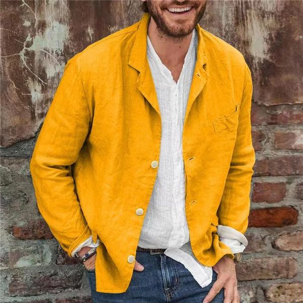 Costumes pour hommes Blazers Hommes Blazers printemps automne loisirs fausse poche coton lin costume ample manteau hommes solide Balzer veste jaune bleu costume haut vêtements 231115