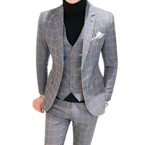 Men's Suits & Blazers Men Dress Pants Vest 3 Piece Set / Male Wedding 2022 Autumn Business Formal Plaid Suit Luxury Slim Fit Coat Trousers