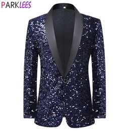 Costumes pour hommes Blazers Men de briller bleu Smoking Smoking Blazer Veste châle Collier One Button Robe de paillettes Blazers Mens Prom Prom Wedding Costumes 231018