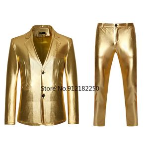 Herenpakken Blazers Heren Glanzend Goud 2-delige pakken BlazerPants Terno Masculino Fashion Party DJ Club Jurk Smokingpak Heren Podiumzangerkleding 231114